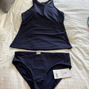 NWT Athleta Navy High Neckline Cutout Back Swimsuit Tankini Tank Top size 38 B/C